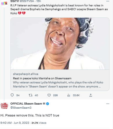 Skeem Saam Warns Viewers Not To Spread Fake News That Lydia Mokgokoloshi Has Died-SurgeZirc SA